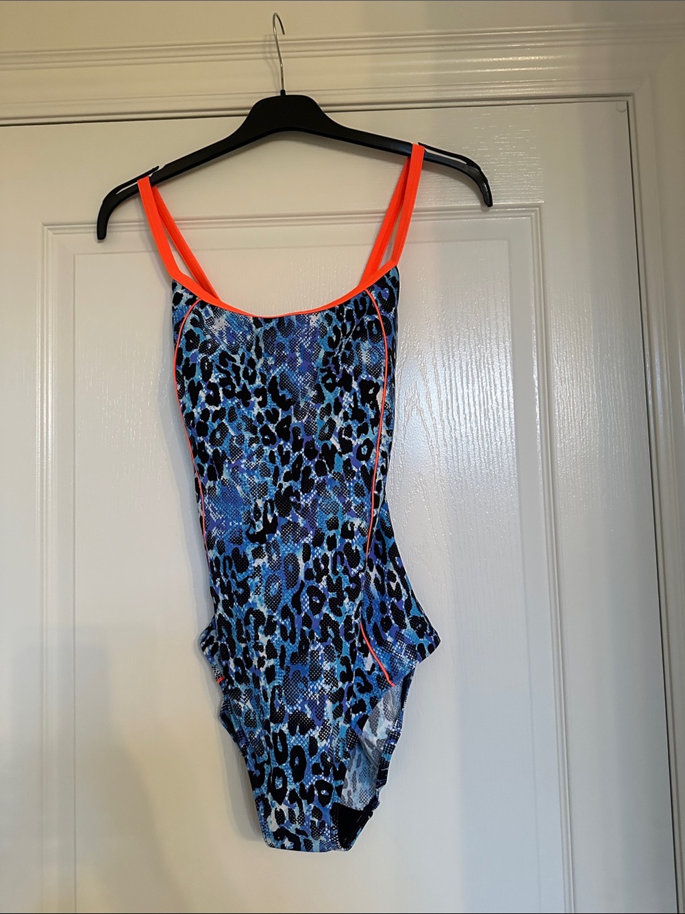 George Blue Leopard Print One-Piece Swimsuit with Neon Orange Straps